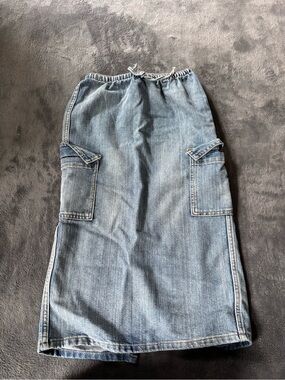 Denim Cargo Midi Skirt in Light Blue